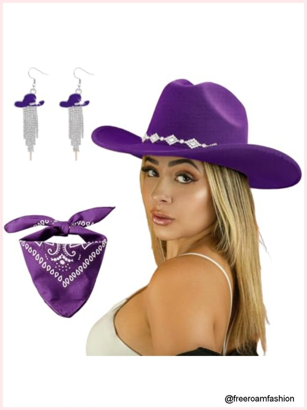 Wide Brim Cowboy Hat with Rhinestones, Bandana, Tassel Earrings - Picture 1 of 6